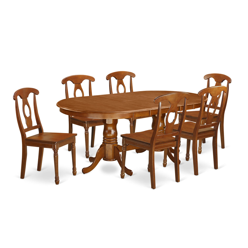 PLNA7-GVM-O 7-Piece Oval Dining Table Ensemble with Butterfly Leaf & Wood Chairs, Saddle Brown Harmony
