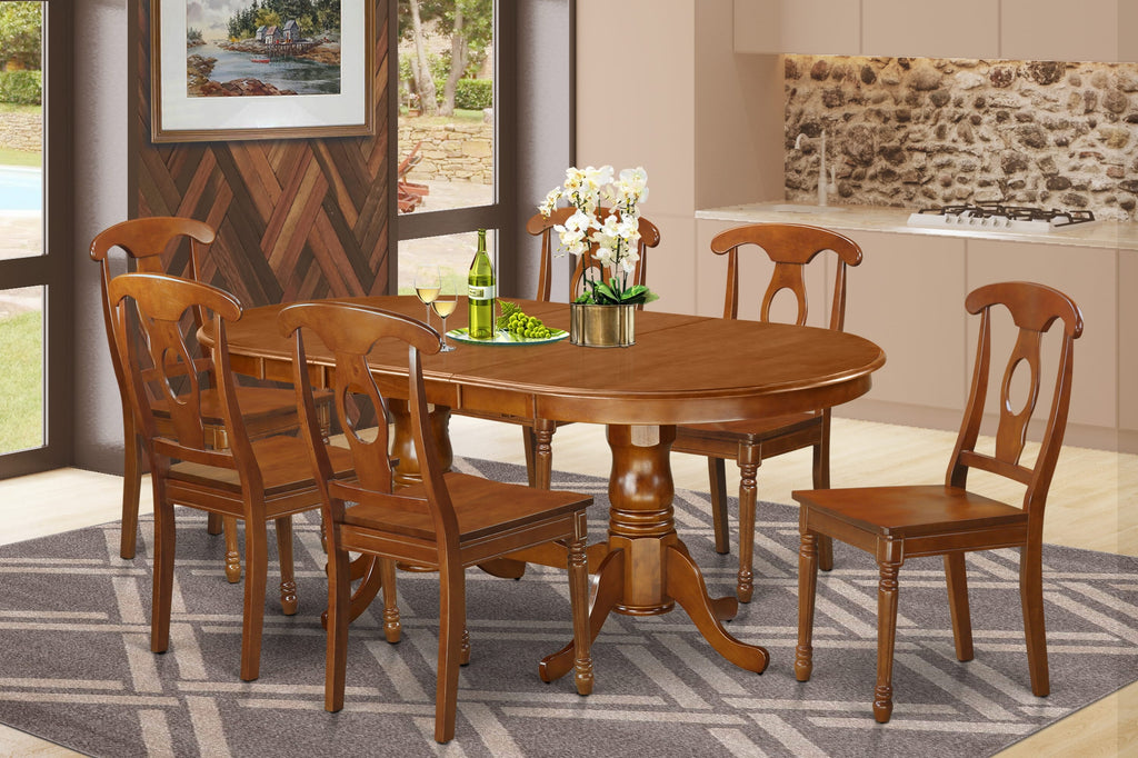 PLNA7-GVM-O 7-Piece Oval Dining Table Ensemble with Butterfly Leaf & Wood Chairs, Saddle Brown Harmony