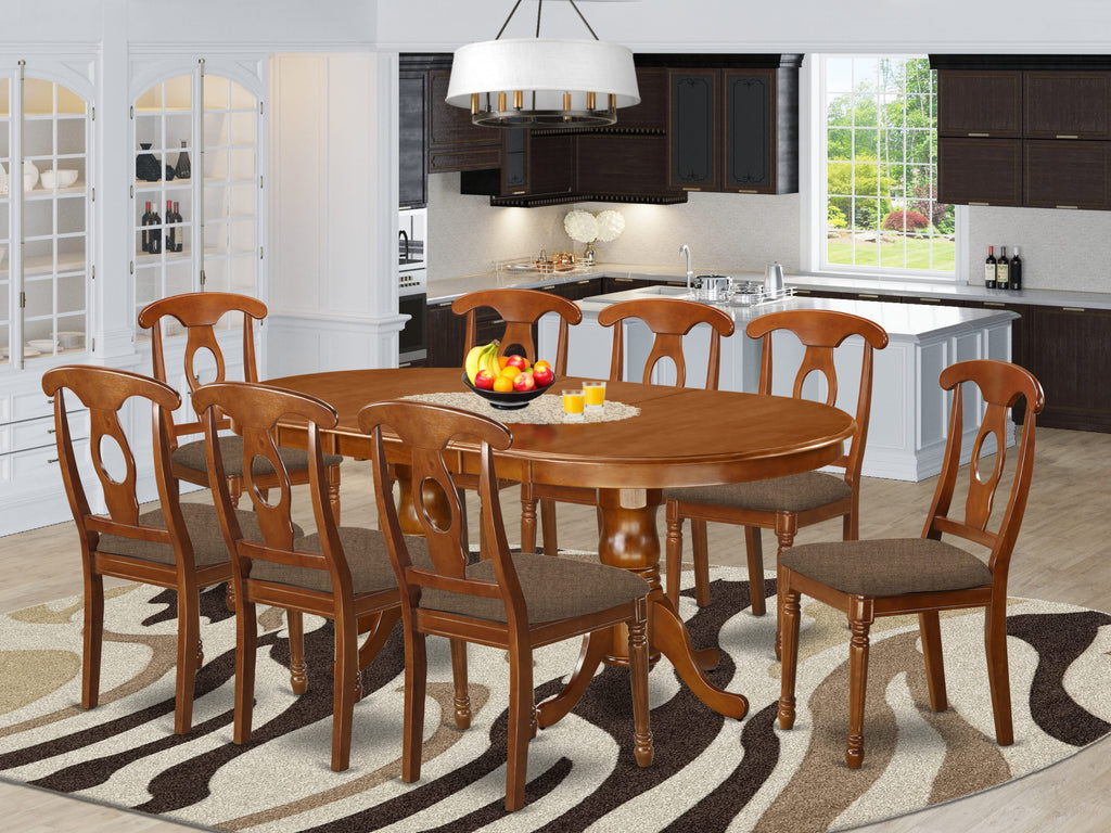 PLNA9-ZTT-K 9-Piece Dining Set with Oval Table & 8 Linen Chairs, 42x78 Inch, Rich Saddle Brown Finish