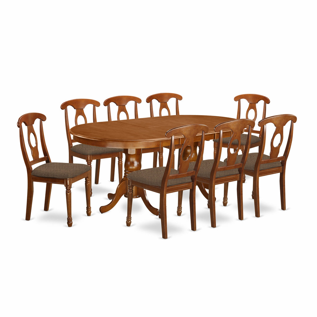 PLNA9-ZTT-K 9-Piece Dining Set with Oval Table & 8 Linen Chairs, 42x78 Inch, Rich Saddle Brown Finish