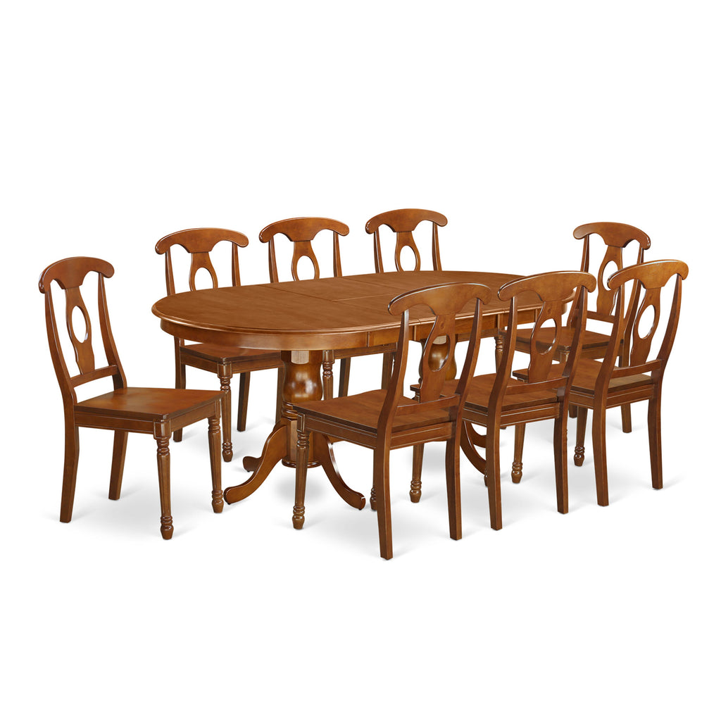 PLNA9-CW7-C Complete 9-Piece Dining Ensemble with Expanding Oval Table & 8 Chairs, 42x78 Saddle Brown