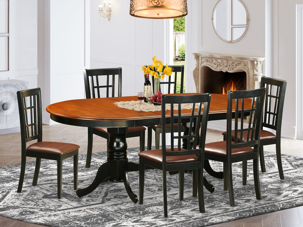 PLNI7-X0L Table Set 7-Piece Oval Dining Ensemble with Leather-Accented Chairs and Extending Leaf in Dual Tones