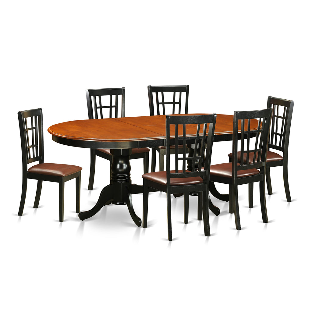 PLNI7-X0L Table Set 7-Piece Oval Dining Ensemble with Leather-Accented Chairs and Extending Leaf in Dual Tones
