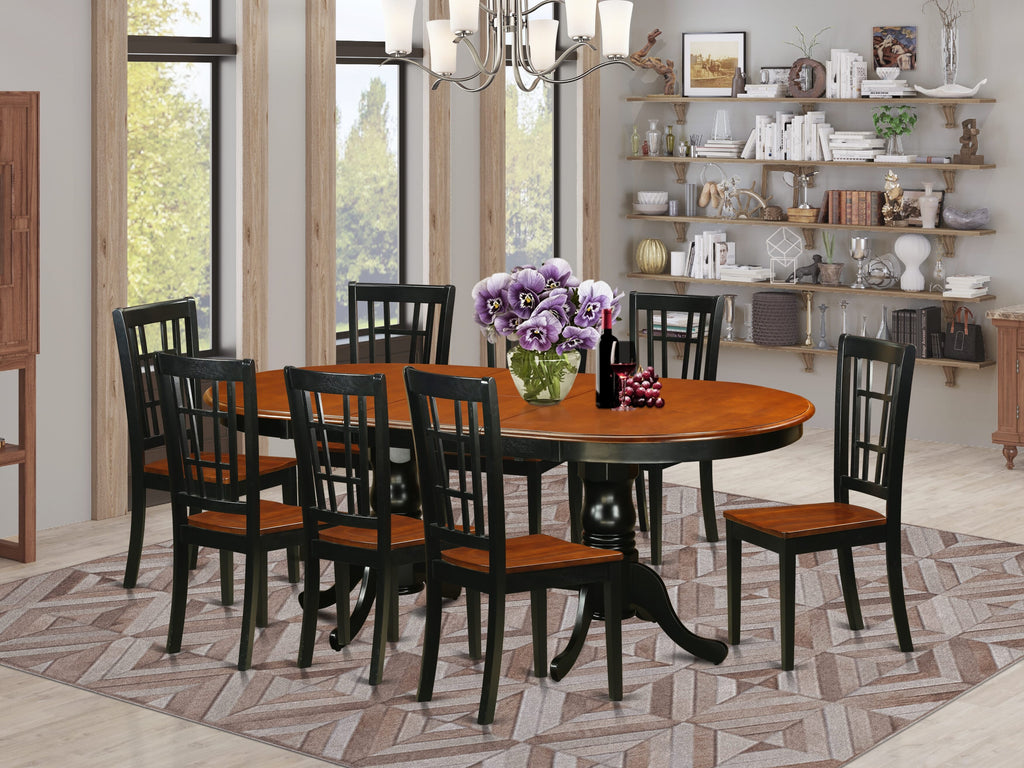 PLNI9-AZL-O 9 Piece Dining Ensemble with Oval Extendable Table and 8 Elegant Wooden Chairs, 42x78'' Black & Cherry