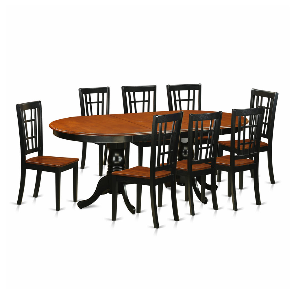 PLNI9-AZL-O 9 Piece Dining Ensemble with Oval Extendable Table and 8 Elegant Wooden Chairs, 42x78'' Black & Cherry