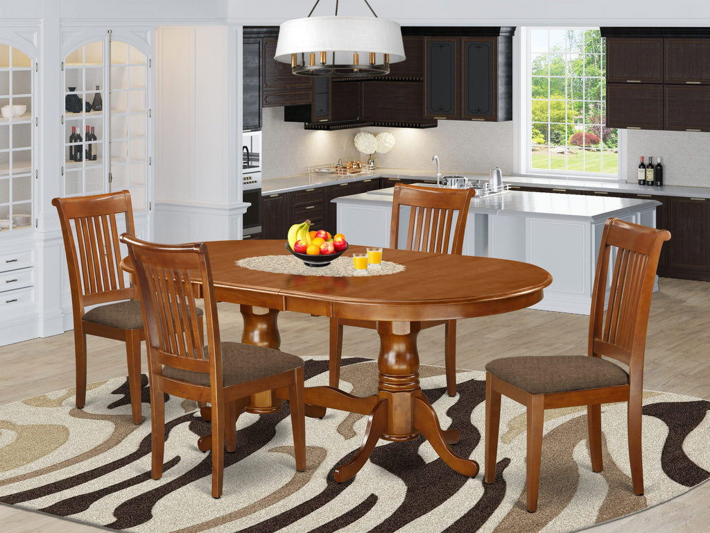 PLPO5-PZ1-S 5-Piece Dining Ensemble featuring Oval Table with Butterfly Leaf and 4 Upholstered Chairs, 42x78 Saddle Brown