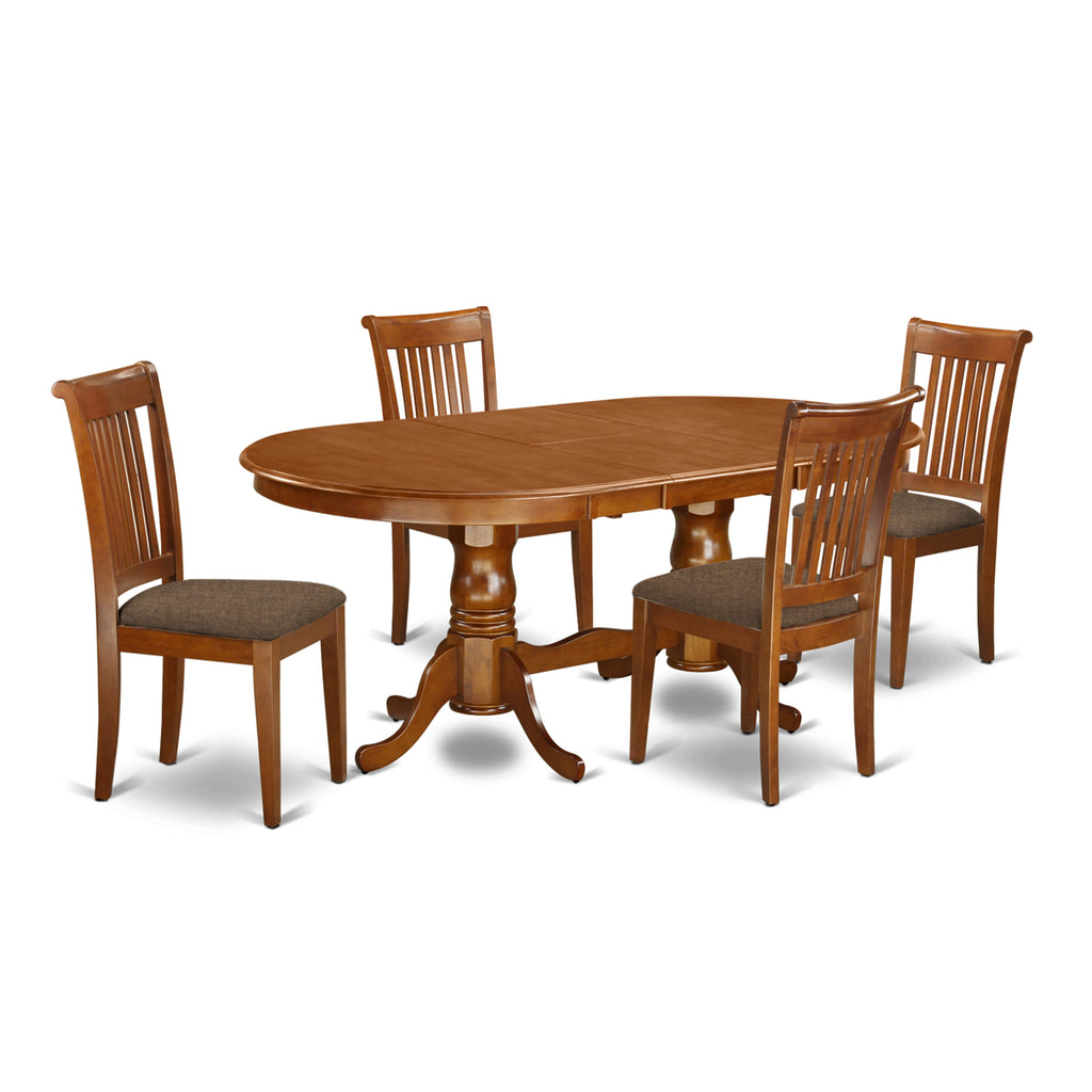 PLPO5-PZ1-S 5-Piece Dining Ensemble featuring Oval Table with Butterfly Leaf and 4 Upholstered Chairs, 42x78 Saddle Brown