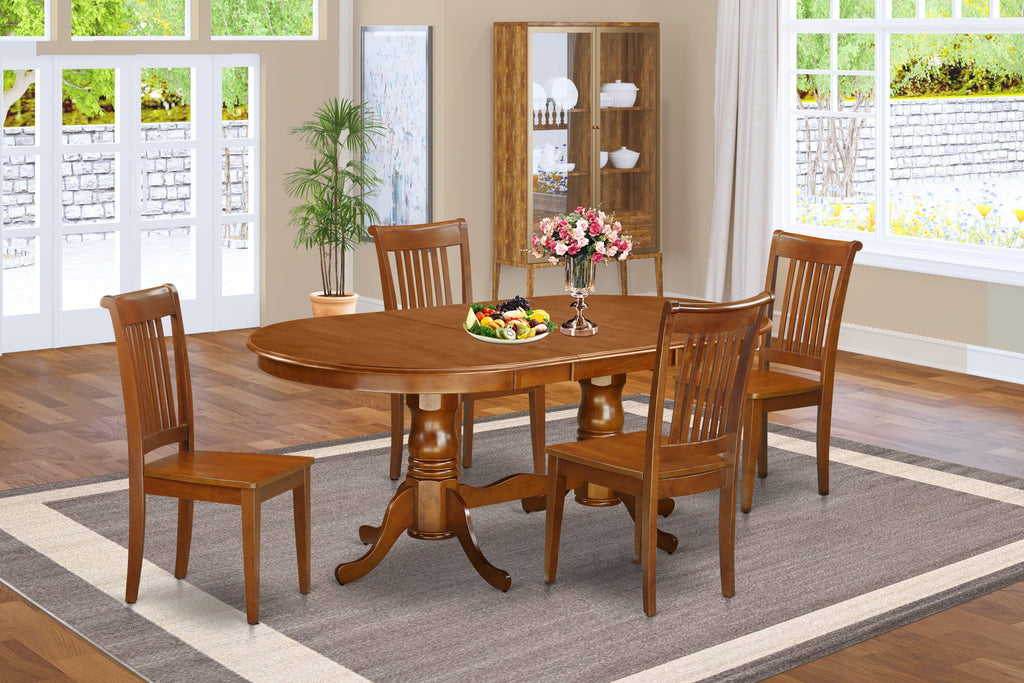 PLPO5-1SD-Z 5-Piece Dining Set Oval Table with Leaf & 4 Chairs - Solid Wood, Brown Finish