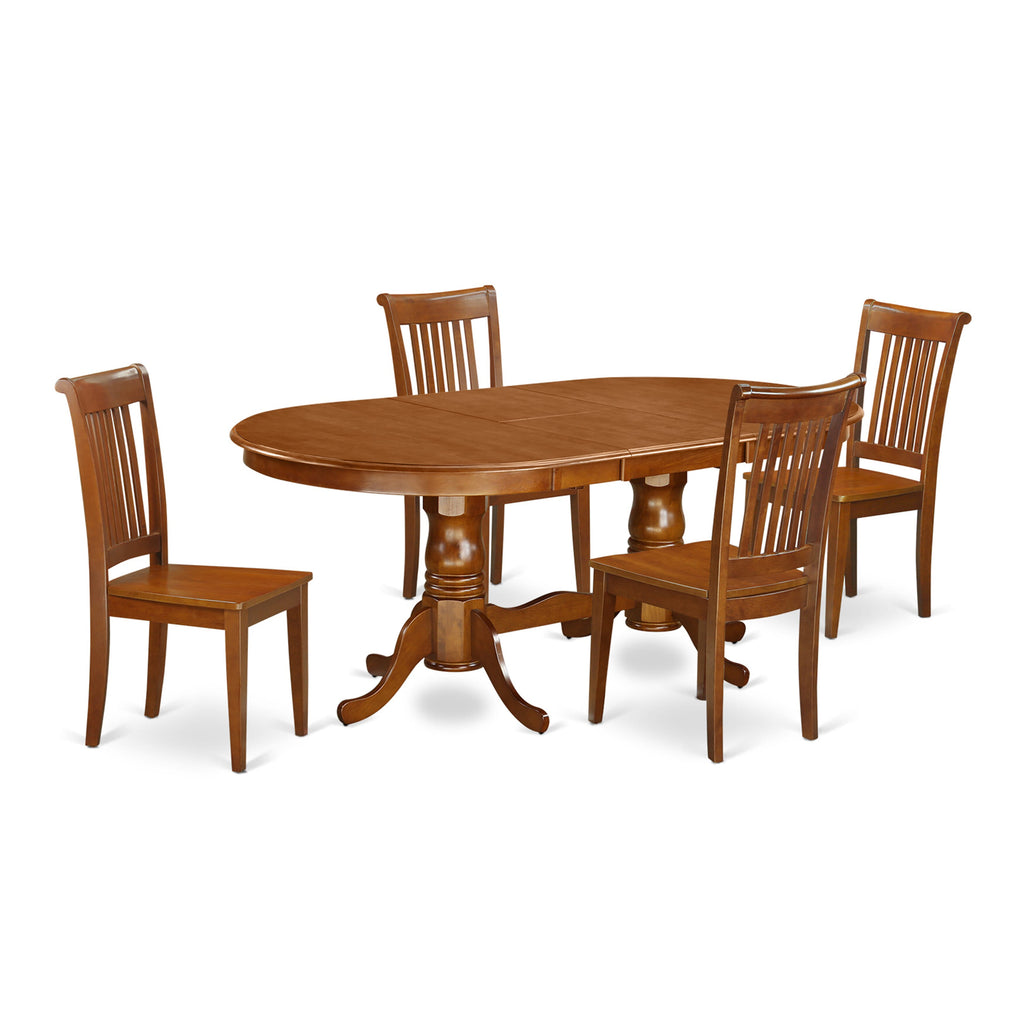 PLPO5-1SD-Z 5-Piece Dining Set Oval Table with Leaf & 4 Chairs - Solid Wood, Brown Finish