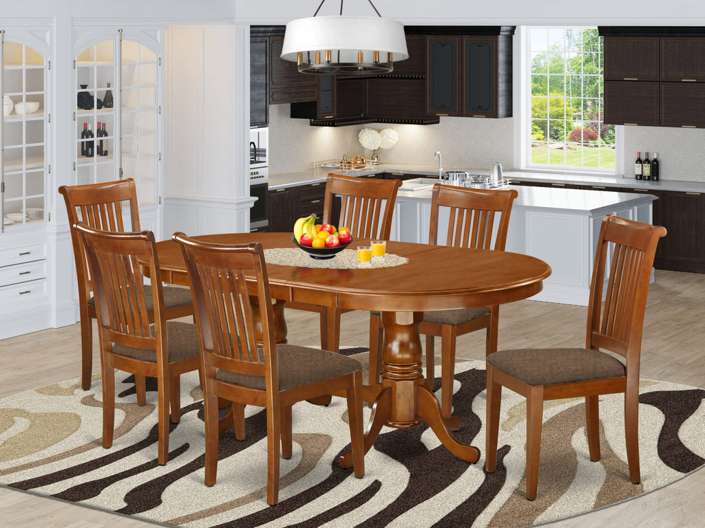 PLPO7-Z5T-1 7 Piece Dining Ensemble Oval Table with Leaf & 6 Linen Chairs, Saddle Tone 42x78