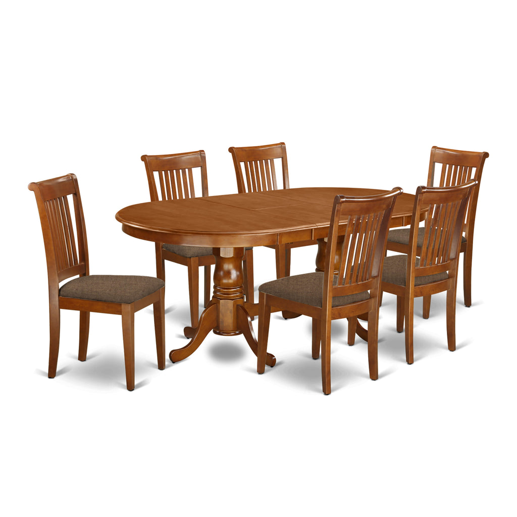 PLPO7-Z5T-1 7 Piece Dining Ensemble Oval Table with Leaf & 6 Linen Chairs, Saddle Tone 42x78