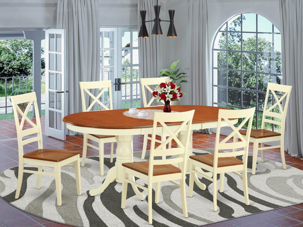 PLQU7-WHI-W 7-Piece Dining Ensemble with Oval Table, Butterfly Extension, and 6 Wooden Chairs in Warm Tones