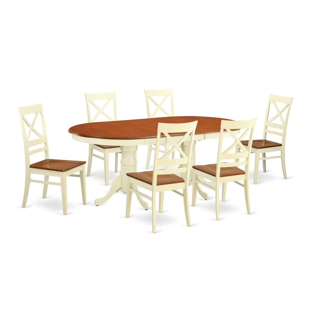 PLQU7-WHI-W 7-Piece Dining Ensemble with Oval Table, Butterfly Extension, and 6 Wooden Chairs in Warm Tones