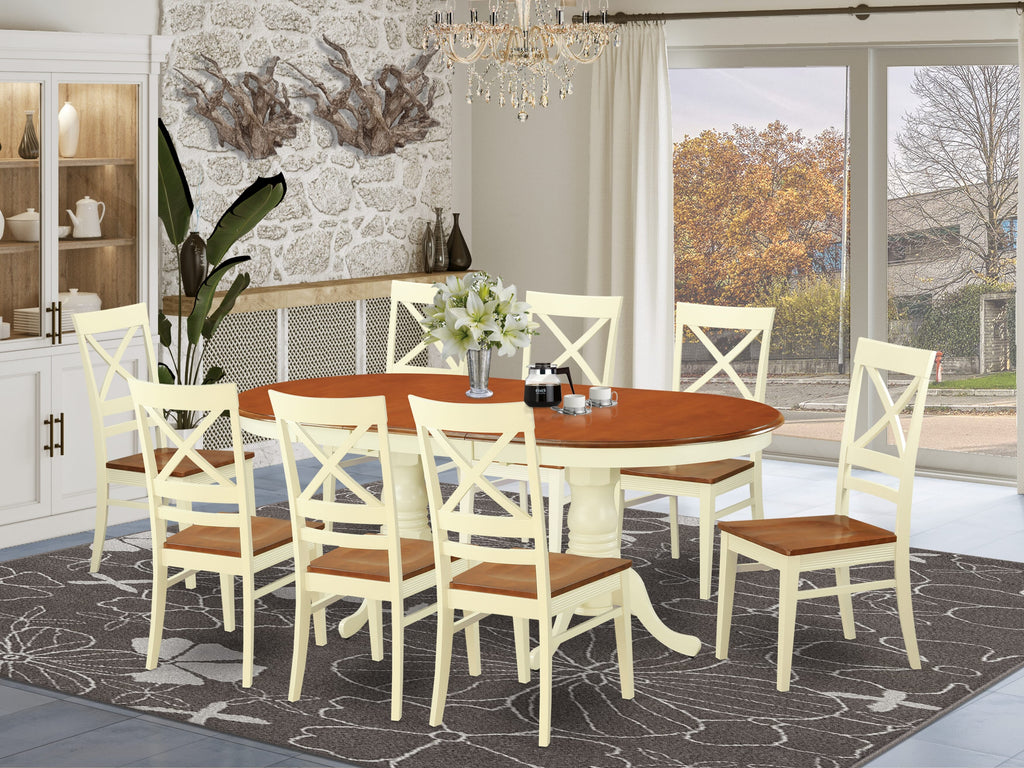 PLQU9-ALJ-I Elegant 9-Piece Dining Set Features Oval Table with Expandable Leaf and 8 Buttermilk Cherry Chairs, 42x78