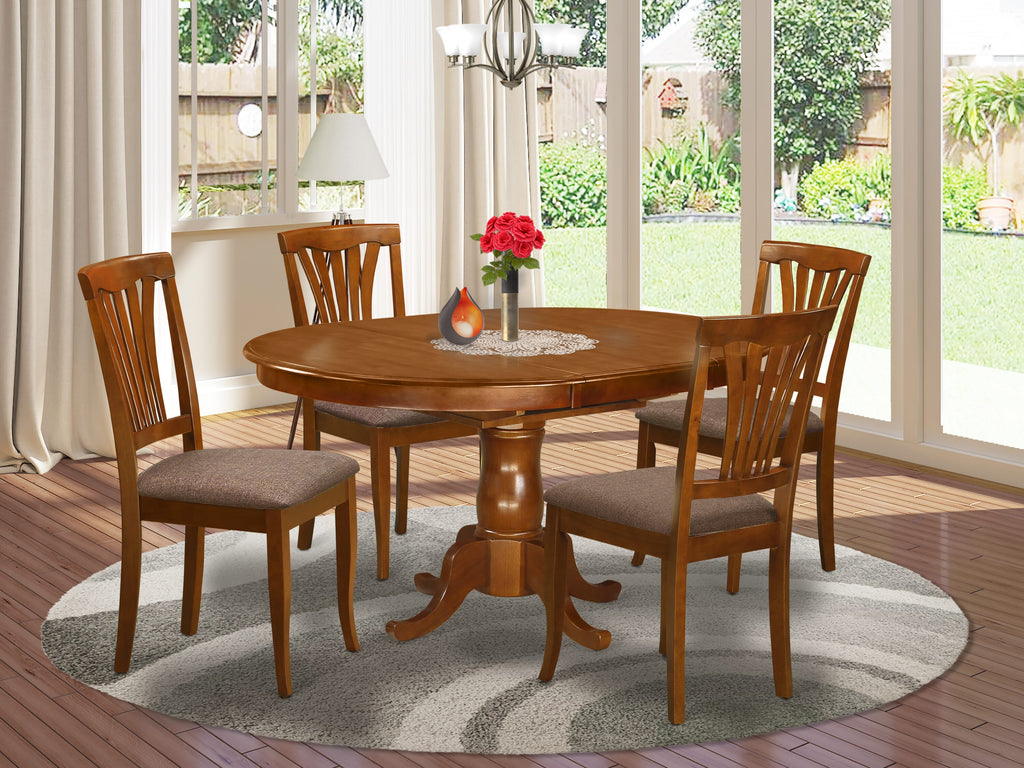 POAV5-7WZ-U 5-Piece Dining Ensemble with Expandable Oval Table and Four Fabric Upholstered Dining Chairs 42x60 in Rich Saddle Brown