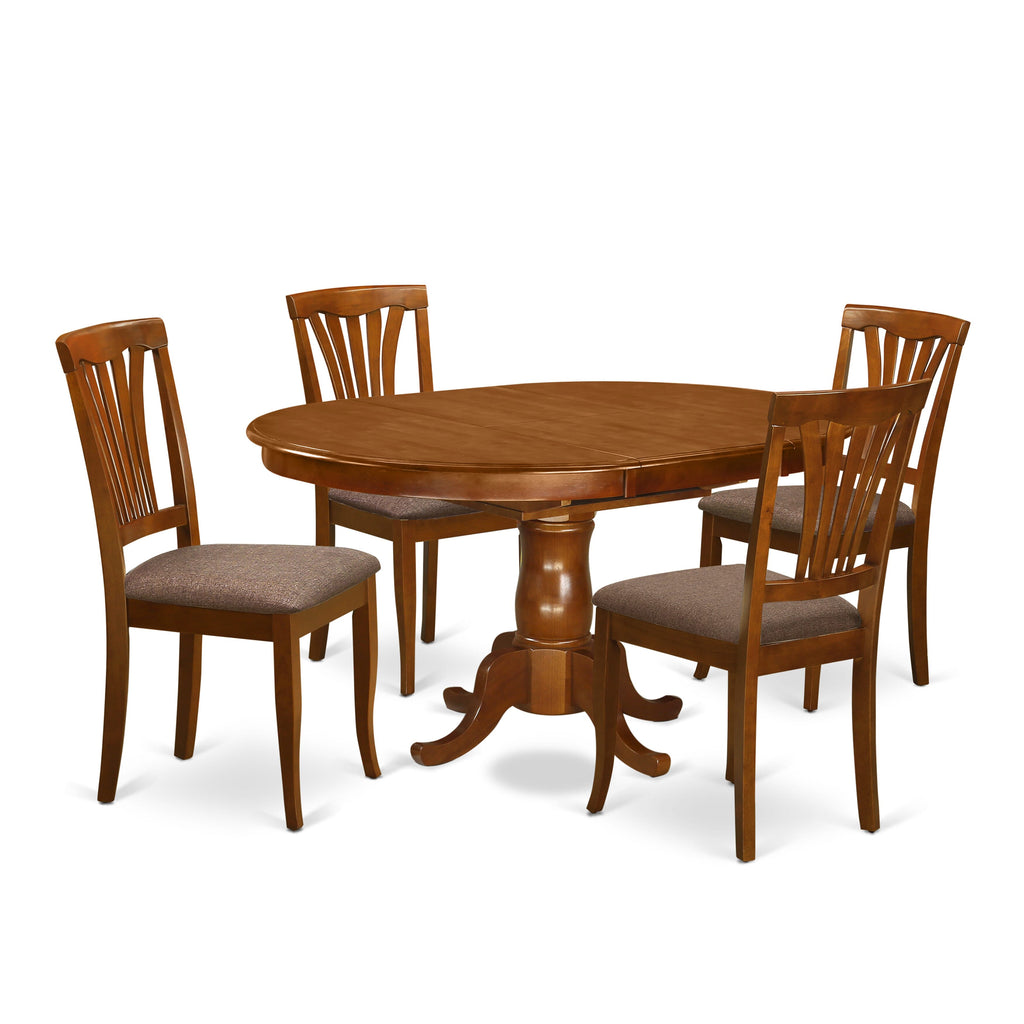 POAV5-7WZ-U 5-Piece Dining Ensemble with Expandable Oval Table and Four Fabric Upholstered Dining Chairs 42x60 in Rich Saddle Brown