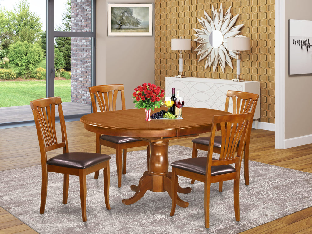 POAV5-22Y-T0 Chic 5-Piece Dining Set with Oval Butterfly Leaf Table for 4 & Faux Leather Chairs, Brown Flair