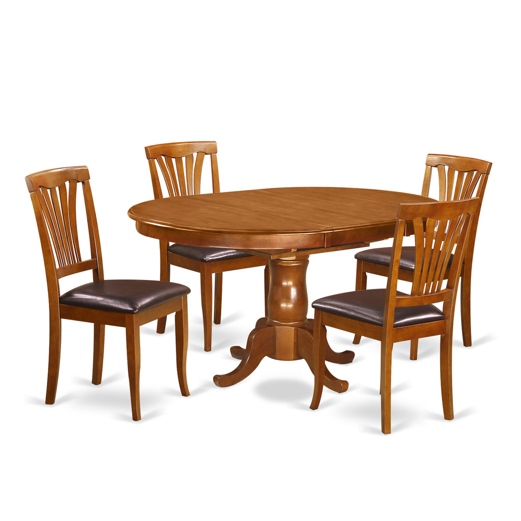 POAV5-22Y-T0 Chic 5-Piece Dining Set with Oval Butterfly Leaf Table for 4 & Faux Leather Chairs, Brown Flair