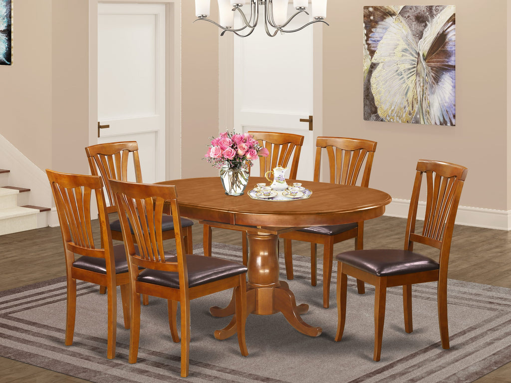 POAV7-381-14 7 Pc Oval Dining Set Table with Leaf & 6 Faux Leather Saddle Chairs