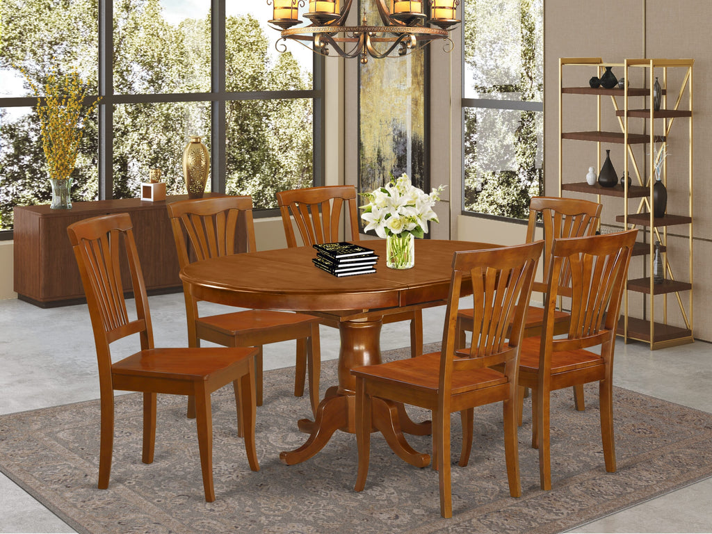 POAV7-HEX-5 Modern Oval Dining Table with Butterfly Leaf and Six Chairs Set, Saddle Brown Finish