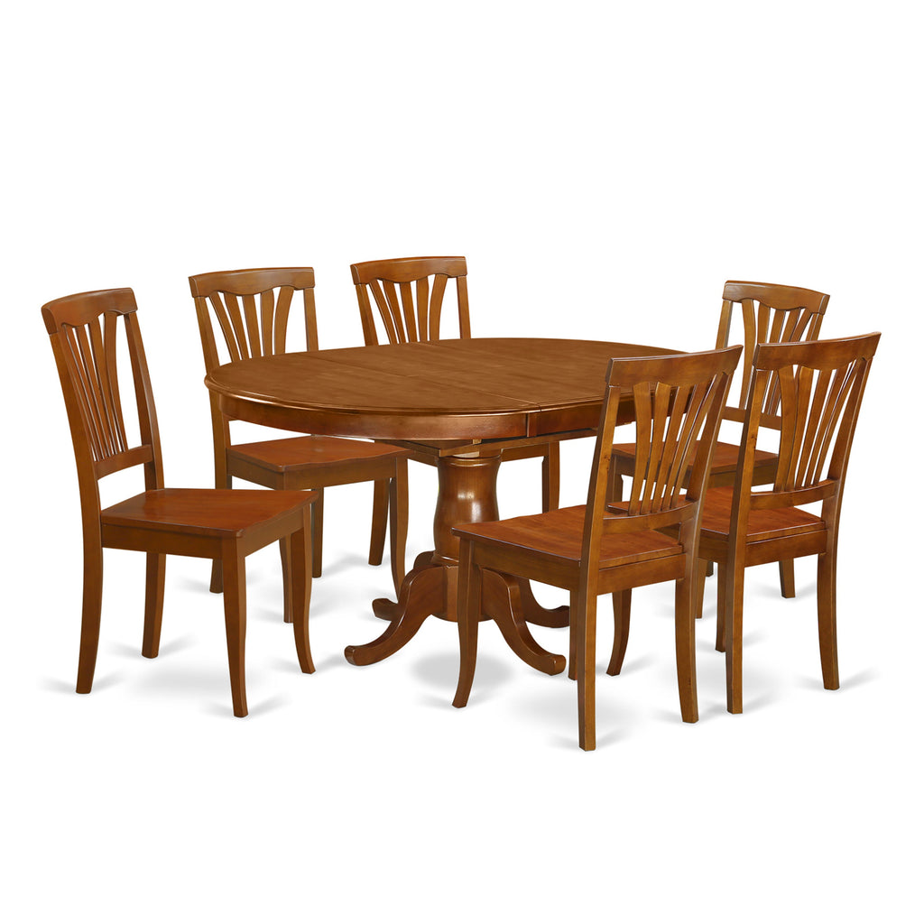 POAV7-HEX-5 Modern Oval Dining Table with Butterfly Leaf and Six Chairs Set, Saddle Brown Finish