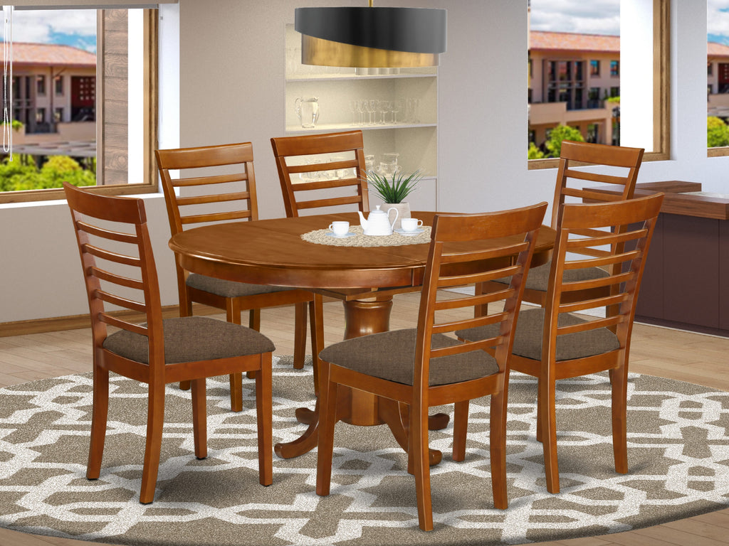 POML7-35Q-S 7-Piece Oval Dining Ensemble with Leaf & Upholstered Seating, Elegant Saddle Finish