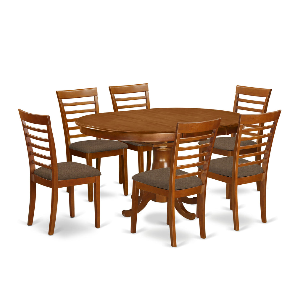 POML7-35Q-S 7-Piece Oval Dining Ensemble with Leaf & Upholstered Seating, Elegant Saddle Finish