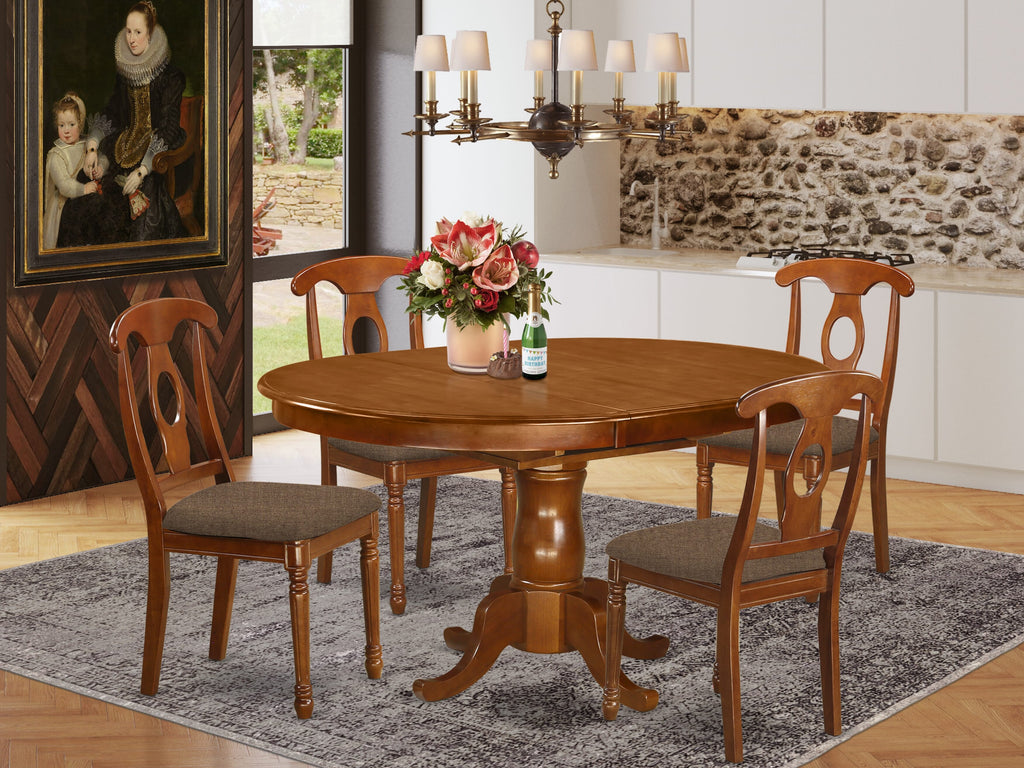 PONA5-1L7-Z 5 Piece Dining Ensemble with Expanding Oval Table & Linen Chairs, Saddle Brown