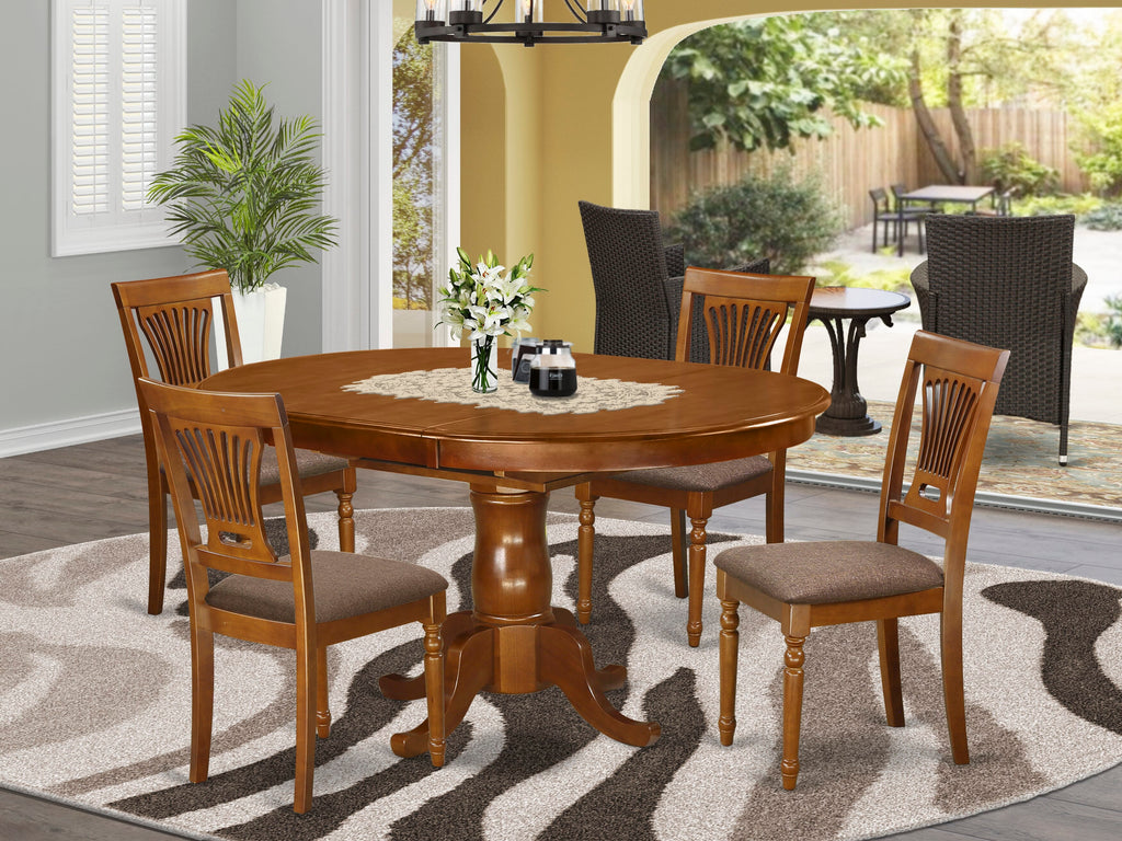 POPL5-X58 Charming Oval Dining Ensemble with Leaf Extension and Upholstered Chairs for Four, Saddle Brown