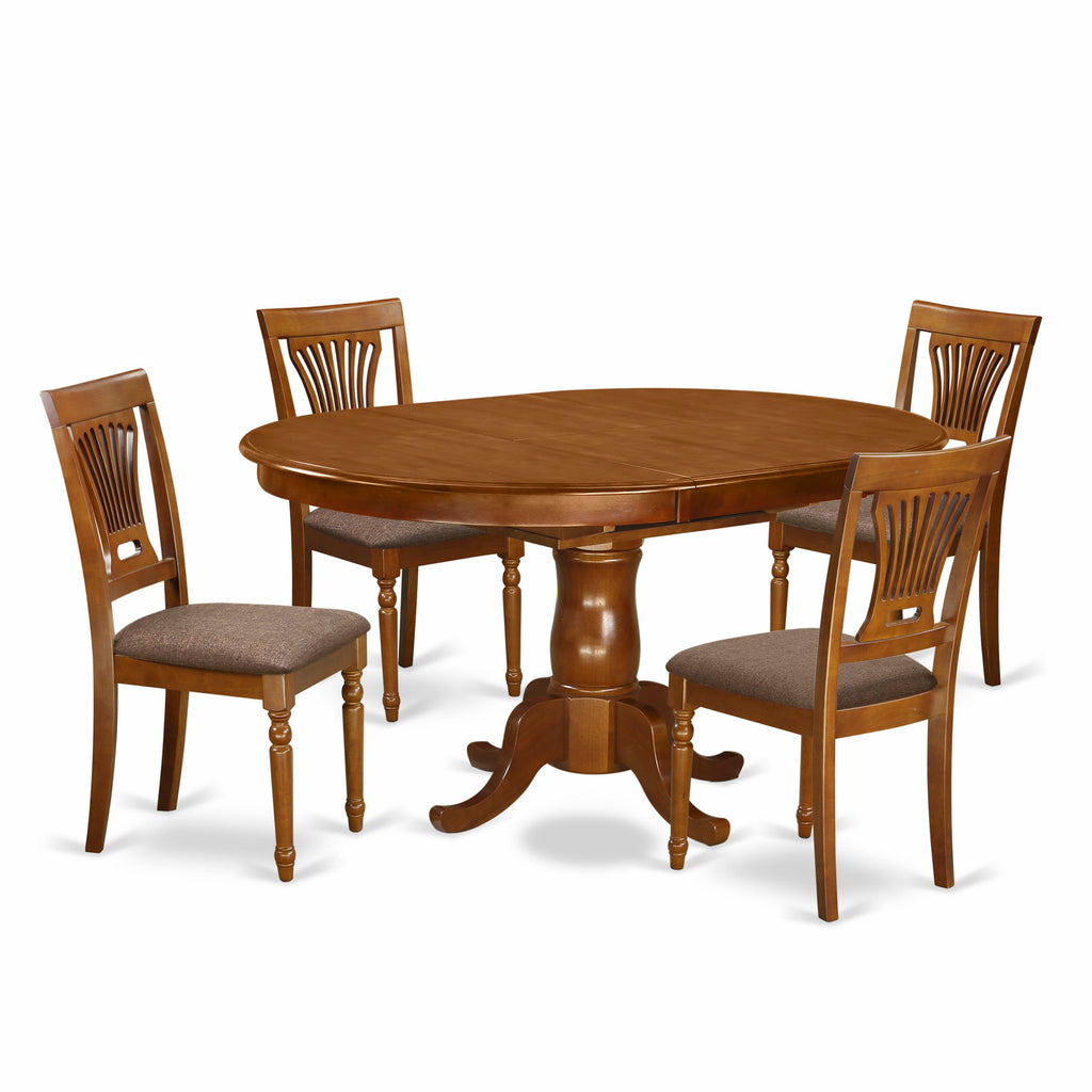 POPL5-X58 Charming Oval Dining Ensemble with Leaf Extension and Upholstered Chairs for Four, Saddle Brown