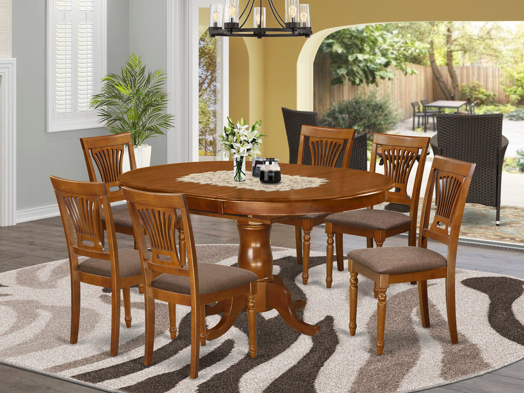 POPL7-RQB-Q 7-Piece Dining Ensemble with Oval Table and Linen Chairs, 42x60 Inch, in Saddle Brown