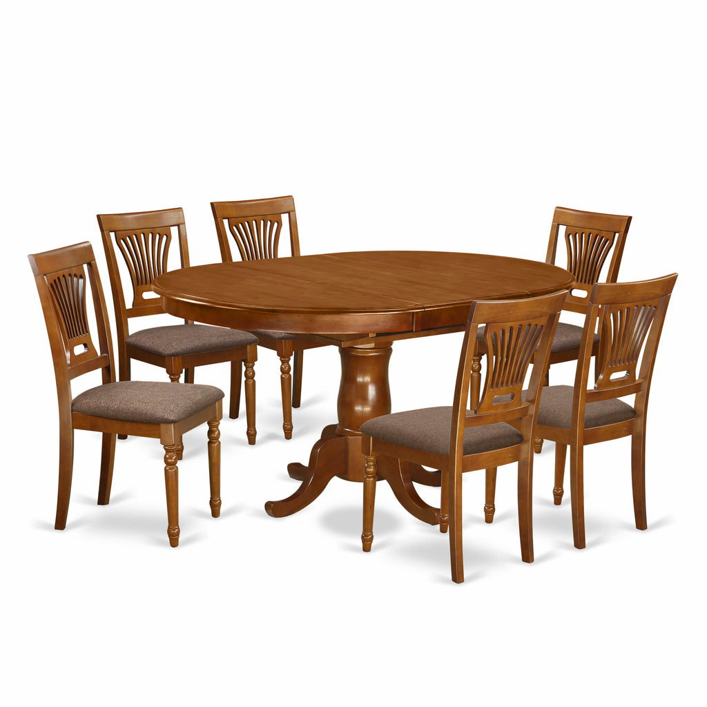 POPL7-RQB-Q 7-Piece Dining Ensemble with Oval Table and Linen Chairs, 42x60 Inch, in Saddle Brown