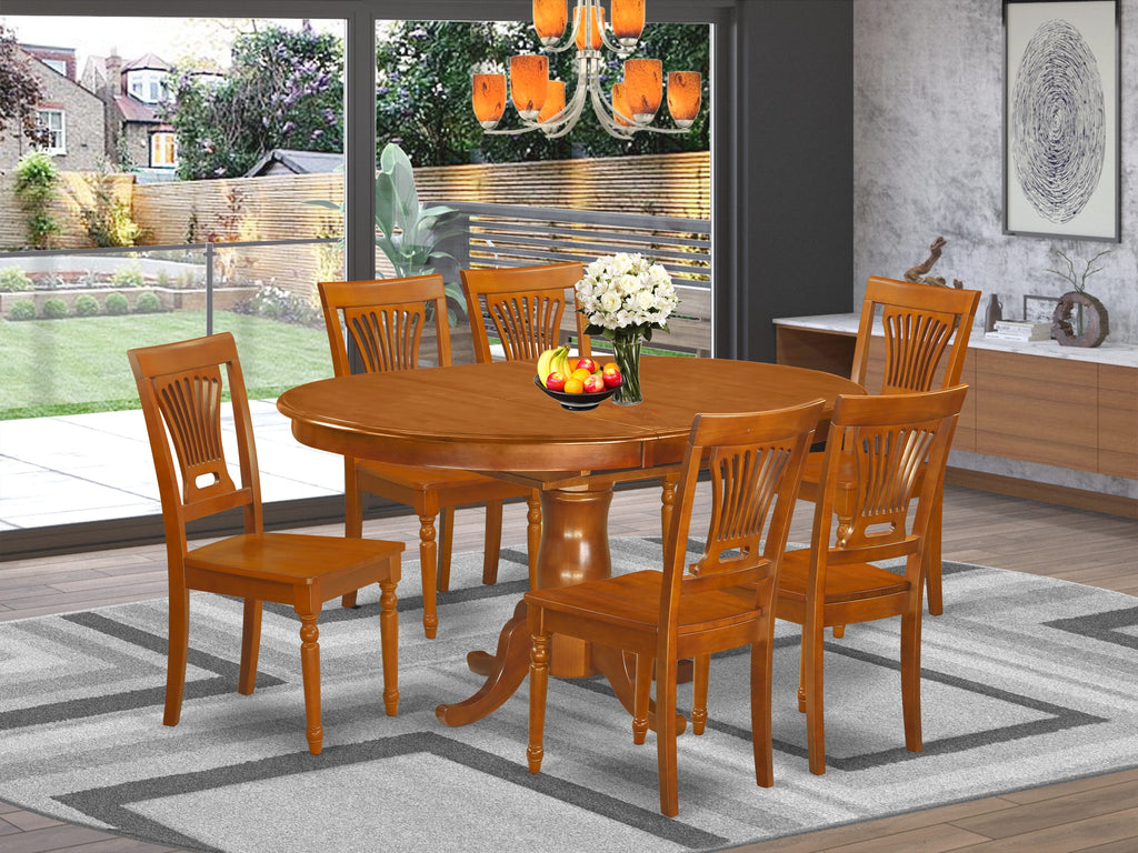 POPL7-DI7-W 7-Piece Oval Wood Dining Set with Butterfly Leaf and 6 Chairs, 42x60 Saddle Finish