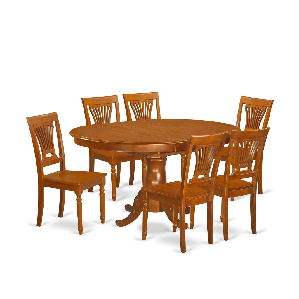 POPL7-DI7-W 7-Piece Oval Wood Dining Set with Butterfly Leaf and 6 Chairs, 42x60 Saddle Finish