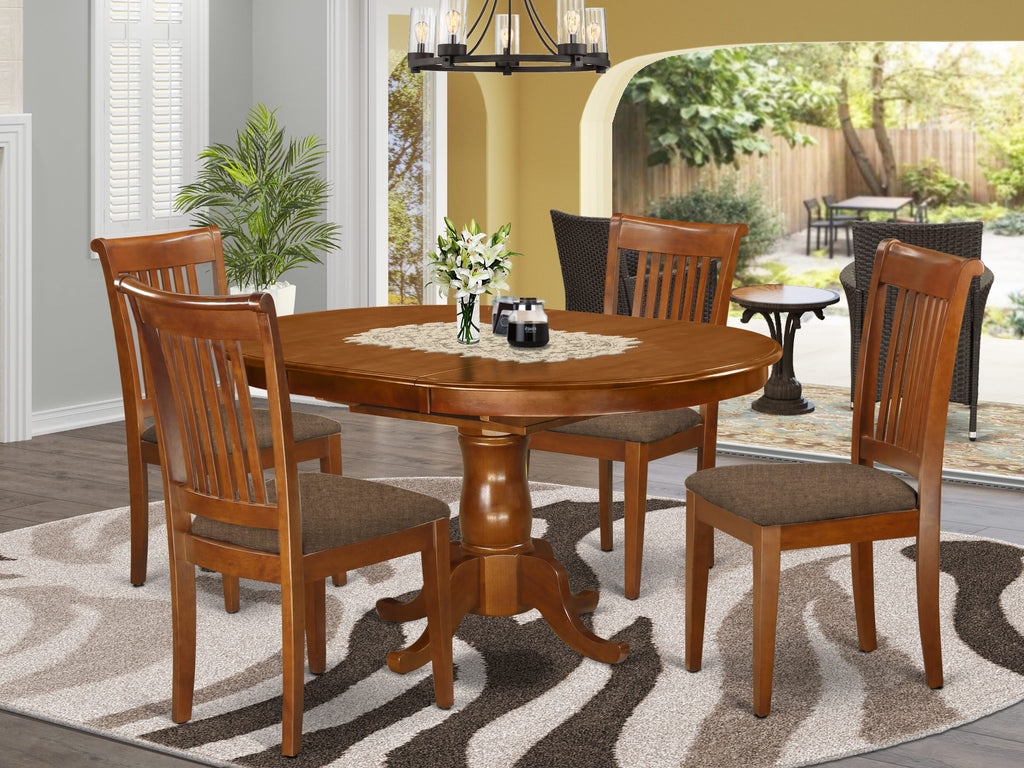 PORT5-A2L-D Stylish 5-Piece Dining Ensemble with Oval Table & Linen Fabric Chairs, Saddle Brown
