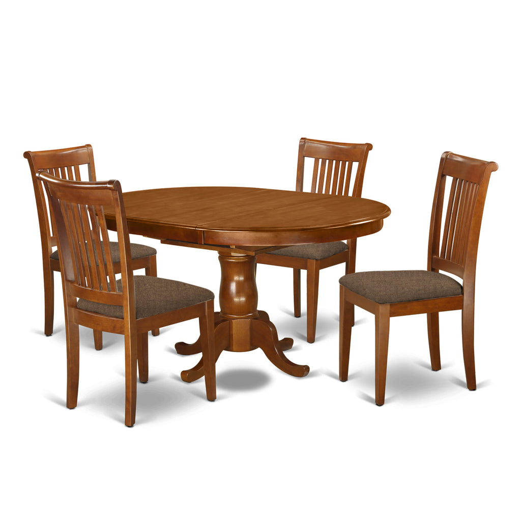 PORT5-A2L-D Stylish 5-Piece Dining Ensemble with Oval Table & Linen Fabric Chairs, Saddle Brown