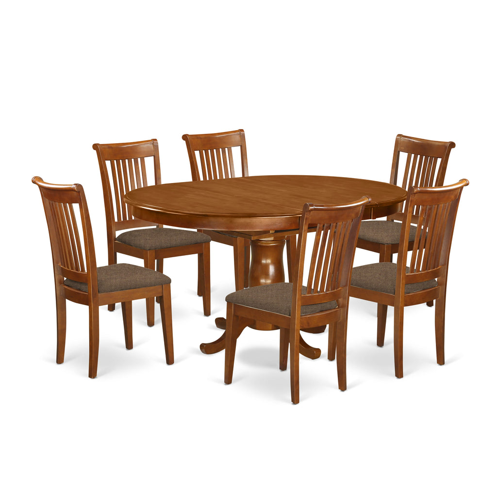 PORT7-2DU-A 7pc Dining Set Oval Table with Butterfly Leaf and 6 Upholstered Chairs, Saddle Brown