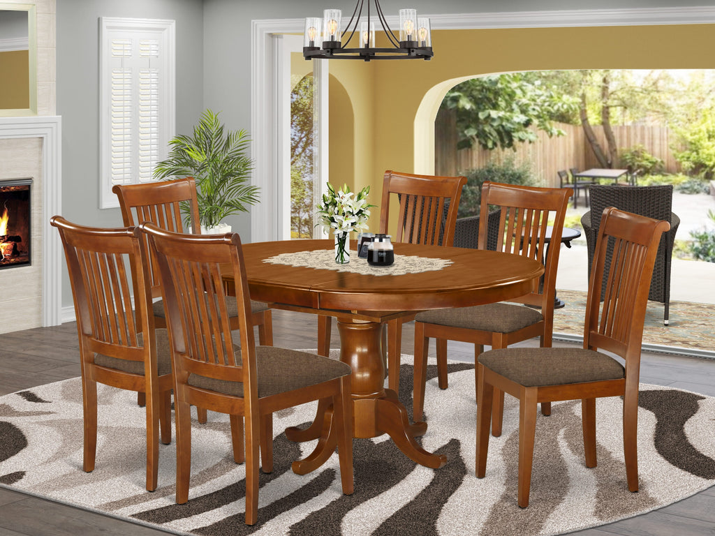 PORT7-2DU-A 7pc Dining Set Oval Table with Butterfly Leaf and 6 Upholstered Chairs, Saddle Brown