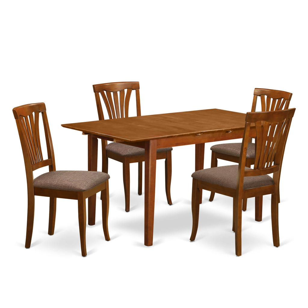 PSAV5-XKU-Z 5 Piece Dining Ensemble with Extensible Butterflied Rectangular Table and 4 Padded Seats, Saddle Brown, 32x60