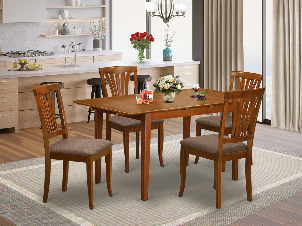 PSAV5-XKU-Z 5 Piece Dining Ensemble with Extensible Butterflied Rectangular Table and 4 Padded Seats, Saddle Brown, 32x60