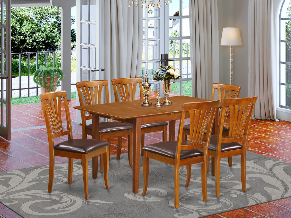 PSAV7-UHB-VC Dining Set 7-Piece Package with Extendable Table and Synthetic Leather Chairs, 32x60 Inch, Warm Saddle Tone