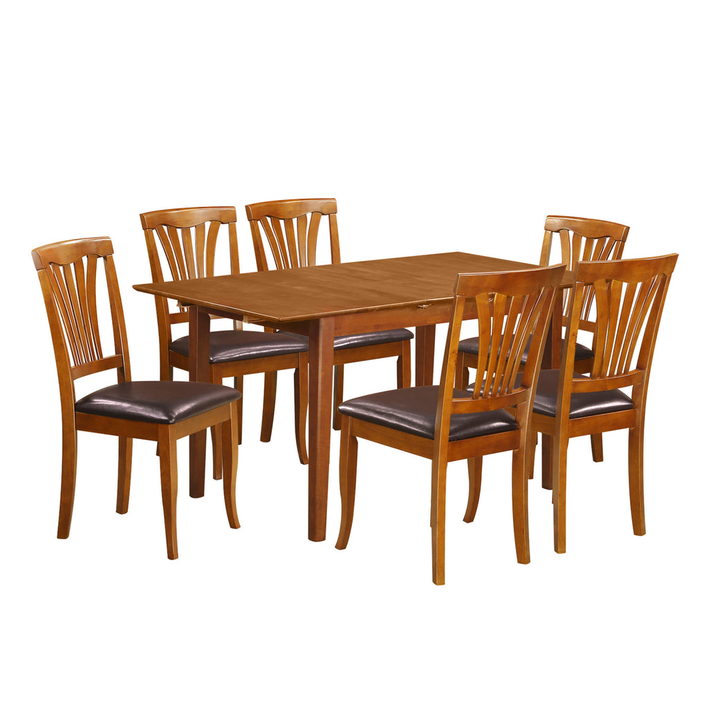 PSAV7-UHB-VC Dining Set 7-Piece Package with Extendable Table and Synthetic Leather Chairs, 32x60 Inch, Warm Saddle Tone