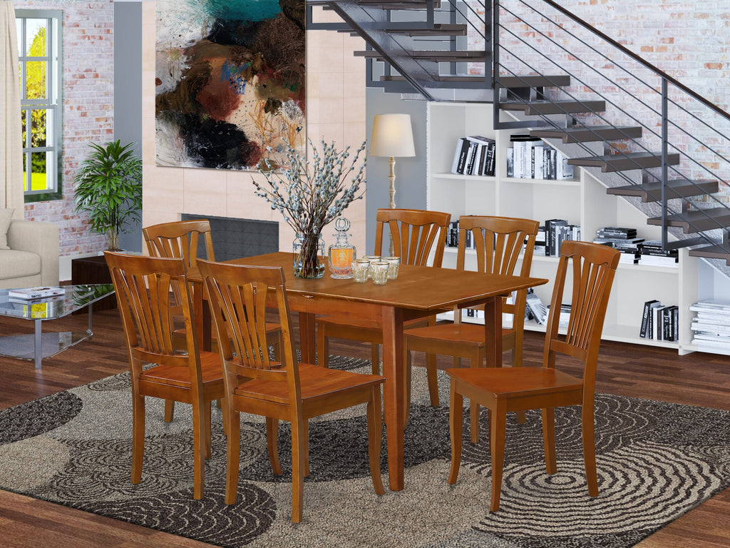 PSAV7-LCN-V 7-Piece Dining Ensemble Featuring Rectangular Table with Butterfly Leaf & 6 Wooden Chairs, 60x32, in Warm Saddle Brown