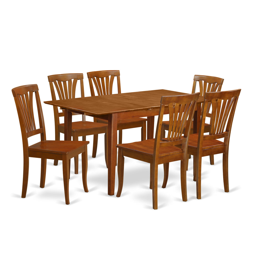 PSAV7-LCN-V 7-Piece Dining Ensemble Featuring Rectangular Table with Butterfly Leaf & 6 Wooden Chairs, 60x32, in Warm Saddle Brown