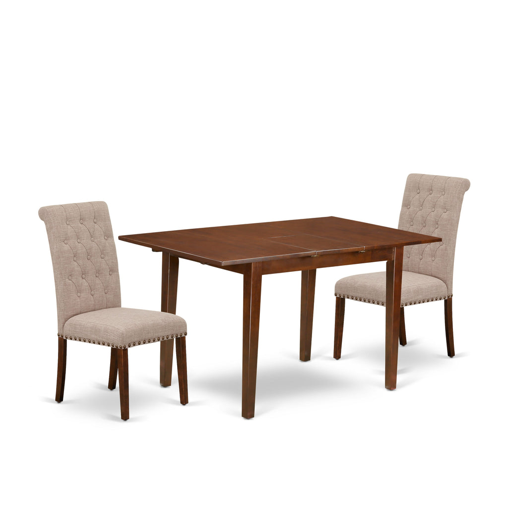 PSBR3-F6T-EN Dining Ensemble Rectangular Table with Foldable Extension & 2 Tan Upholstered Parsons, 32x60