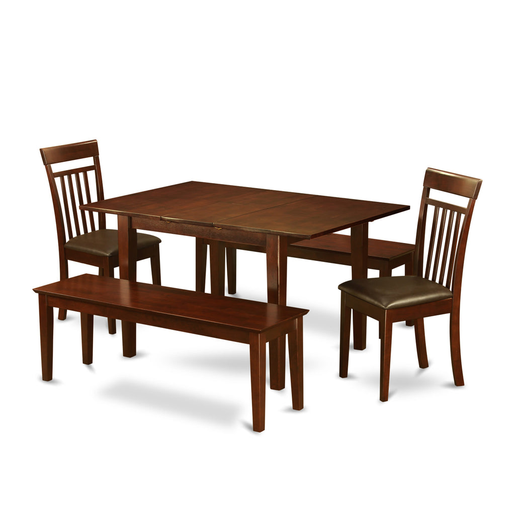 PSCA5S-FD5-ZE 5-Piece Dining Set Mahogany Table with Leaf, 2 Faux Leather Chairs & 2 Benches