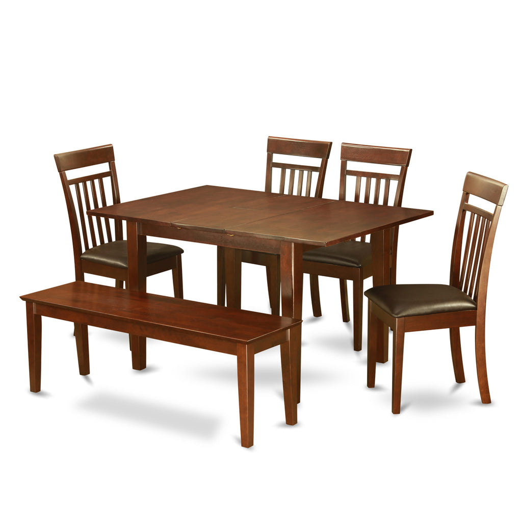 PSCA61-B55-HG 6-Piece Dining Set with Rectangular Table, Faux Leather Seats & Bench, Mahogany Finish, 32x60 Inch