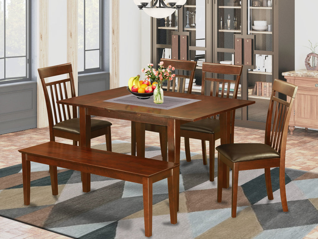 PSCA61-B55-HG 6-Piece Dining Set with Rectangular Table, Faux Leather Seats & Bench, Mahogany Finish, 32x60 Inch