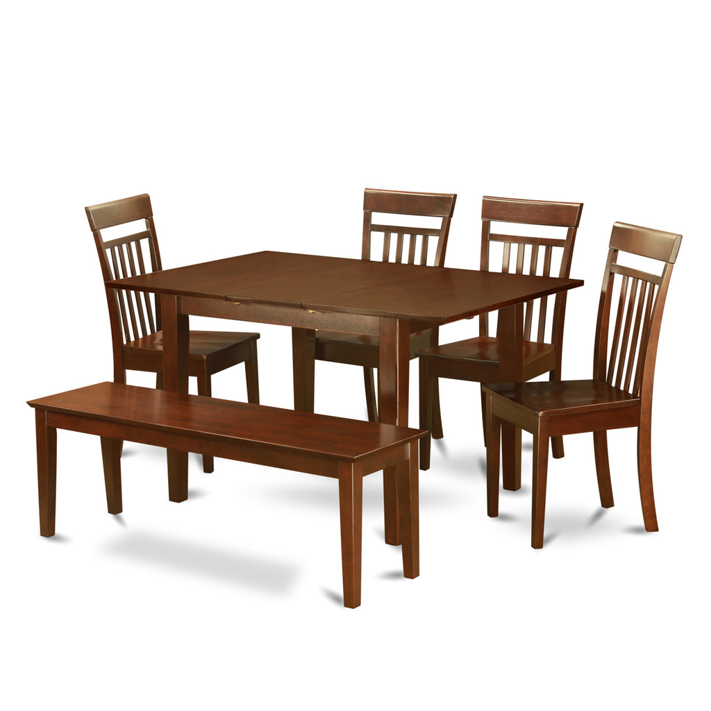 PSCA60-64J-9 Rectangle Kitchen Ensemble with Butterfly Leaf, Chairs, and Bench Set, Mahogany Elegance, 32x60
