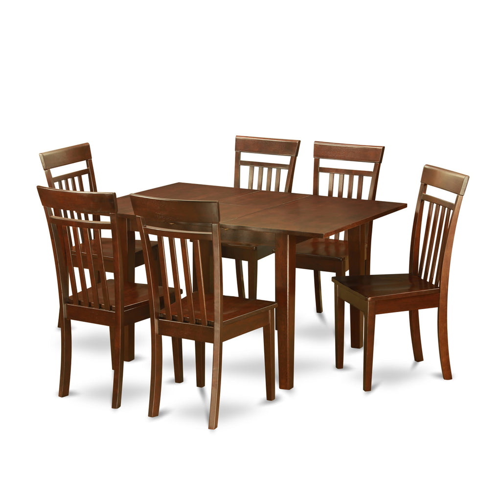 PSCA7-48P Dining Set with Rectangular Table & 6 Chairs, Butterfly Leaf Option, 32x60 Inch, Mahogany Finish
